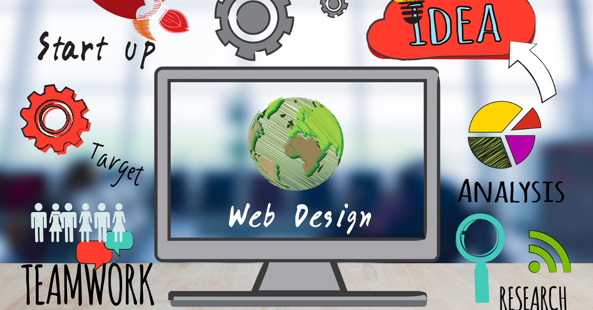 A desktop computer illustration with the words web design inside and a world globe.
