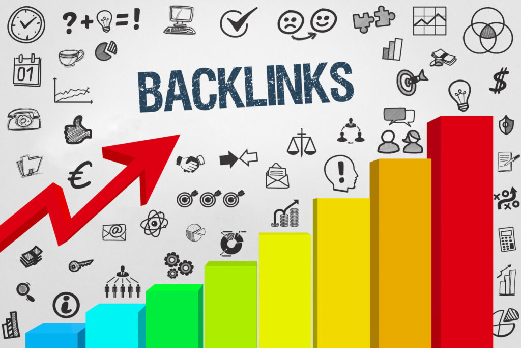 A graph with different color blocks that show an increase, plus a red arrow to indicate quality backlinks get you better search engine ranking results. 