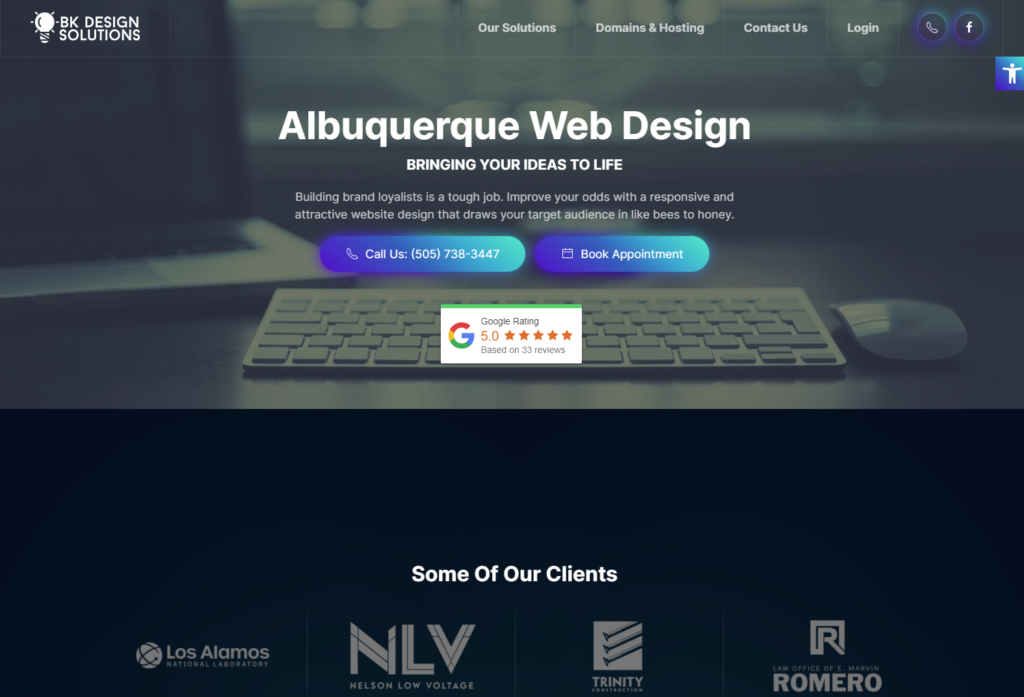 A screen shot of the home page for BK Design Solutions, an agency that offers web design in Albuquerque.