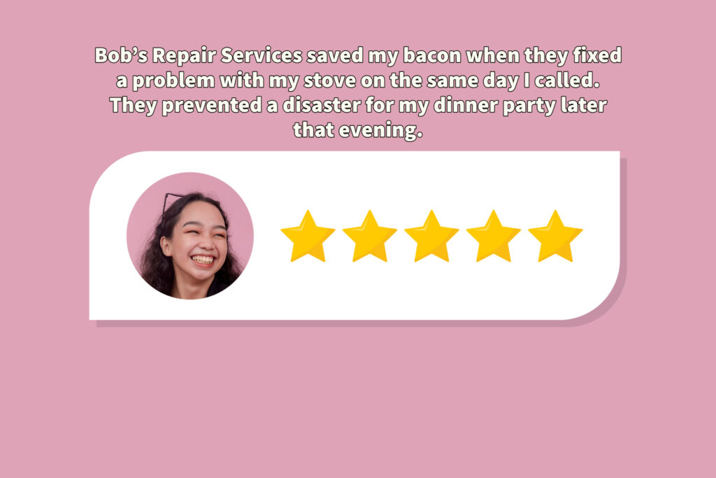 A 5-start review with a smiling woman's face next to it. 